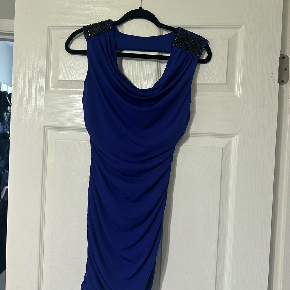 BCX Royal Blue Ruched Dress with Beaded Shoulders